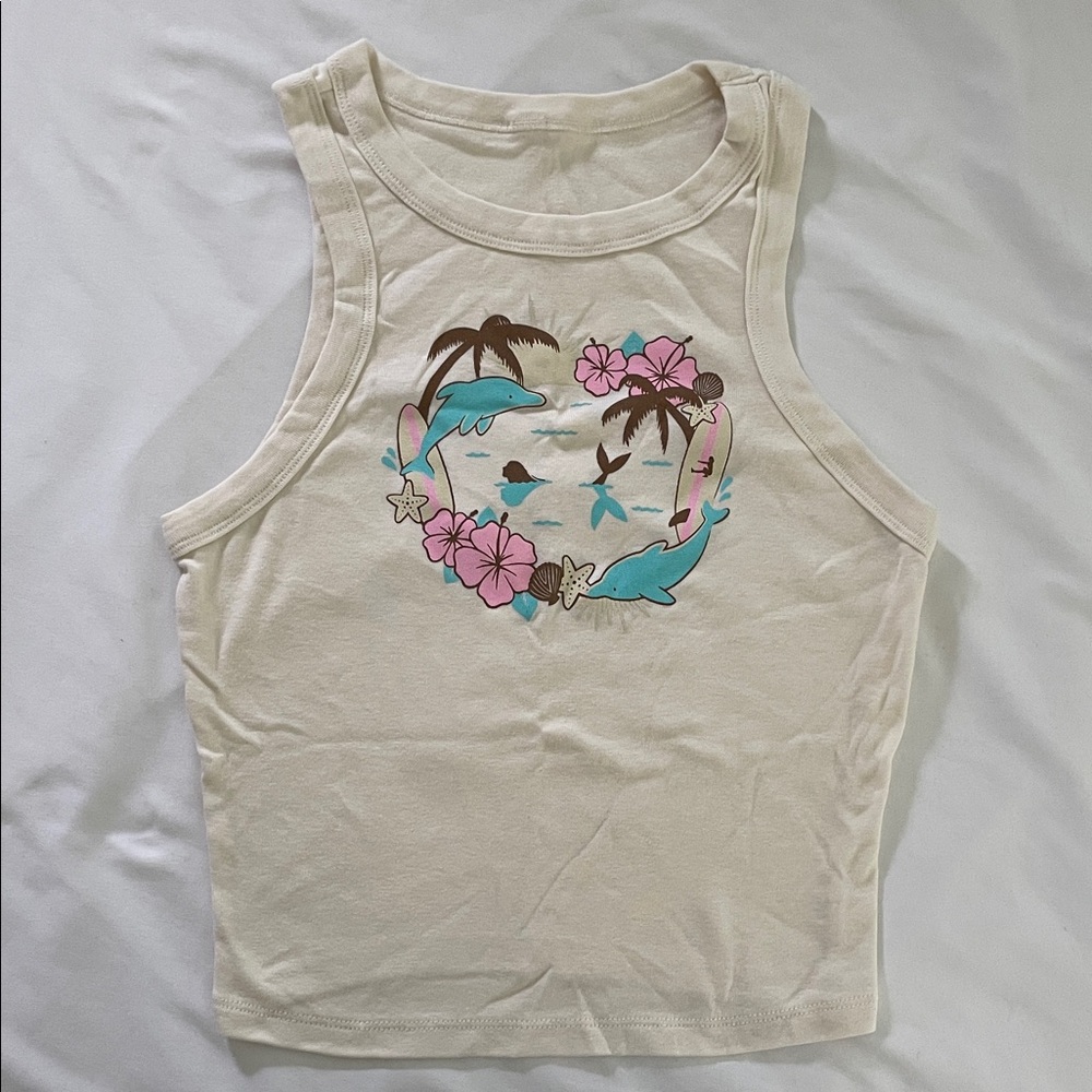 Suzieb Cream Tank Top with Dolphin and Floral Print